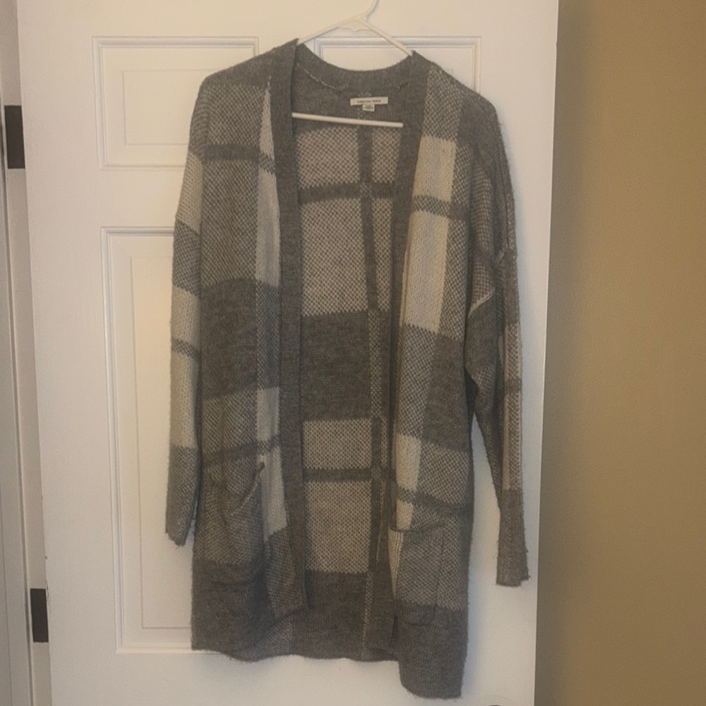American Eagle Outfitters Gray and Cream Plaid Open Cardigan